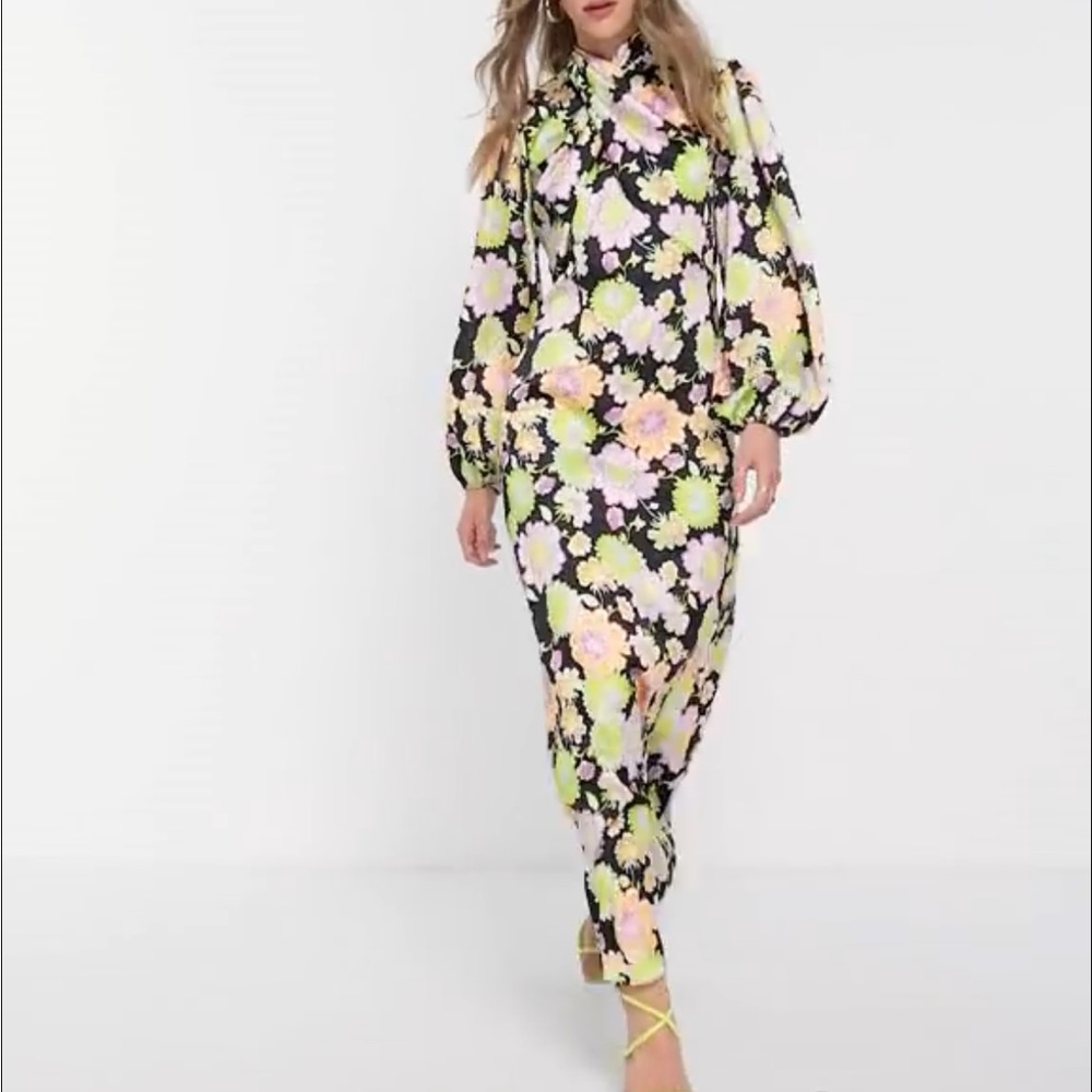 ASOS DESIGN wrap front satin maxi tea dress in bright 70s floral size 2.